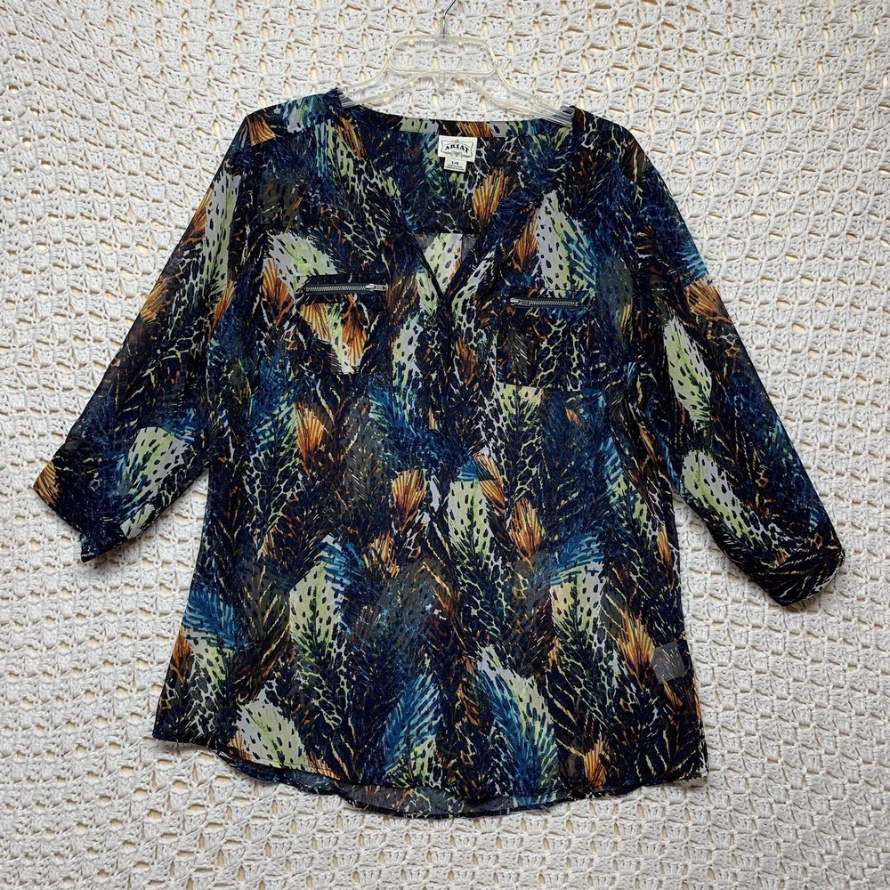 Ariat Top Blouse‎ Women Sz L Blue Black Western Cowgirl Rodeo 1/2 Sleeve